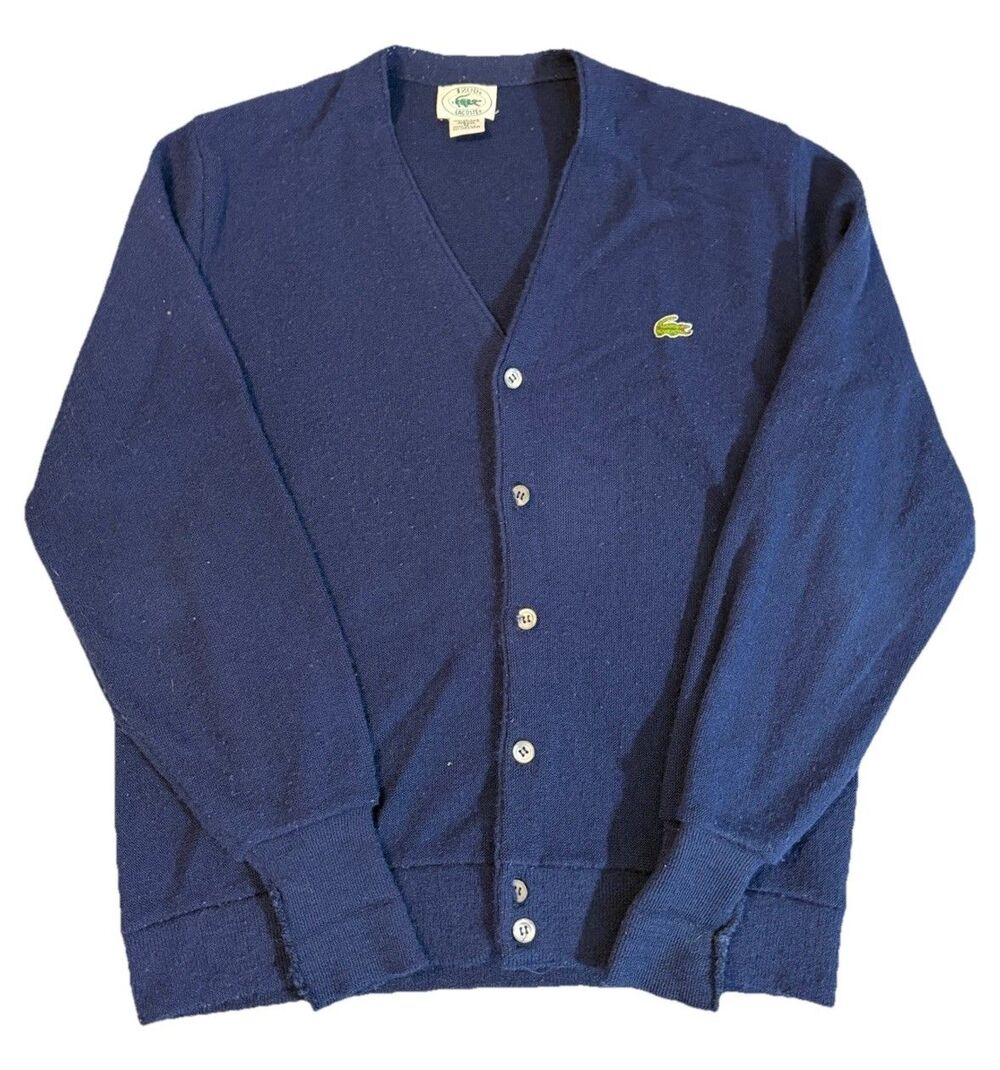 Vintage Izod Lacoste Sweater Mens Medium Blue Cardigan Orlon Grandpa 80s USA